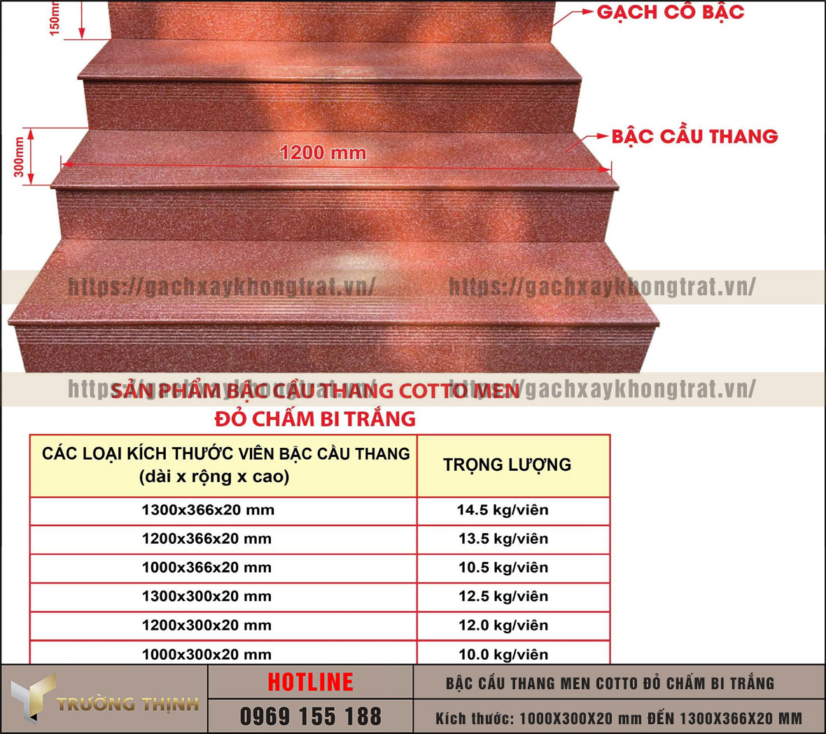Gạch bậc cầu thang men Cotto Đỏ chấm bi trắng Đất Việt