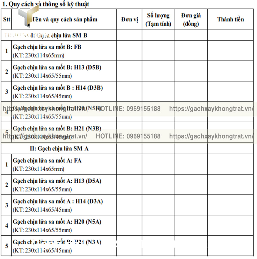 Gạch chịu lửa Sa Mốt 230x114x65 Cầu Đuống Giá Tốt – Trường Thịnh Group