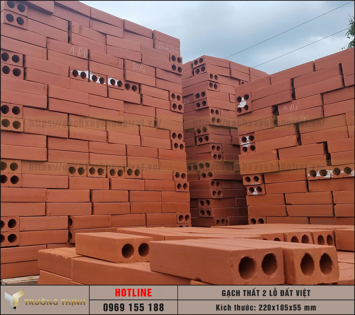 Gạch 2 lỗ 220x105x55 xây không trát Đất Việt